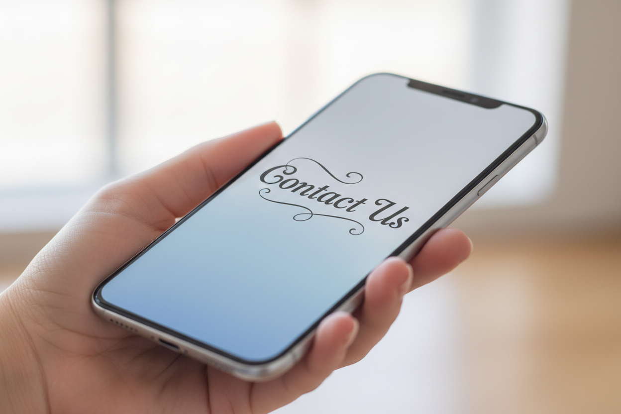 a small picture of someone holding a cell phone with the cell phone screen saying "Contact Us" on it in some fancy font